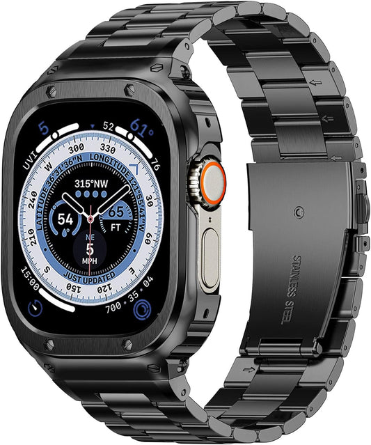 Stainless Steel Band and Case Compatible with Apple Watch Band 49Mm, Men Metal Protective Bumper Cover for Iwatch Ultra 2/1, Black