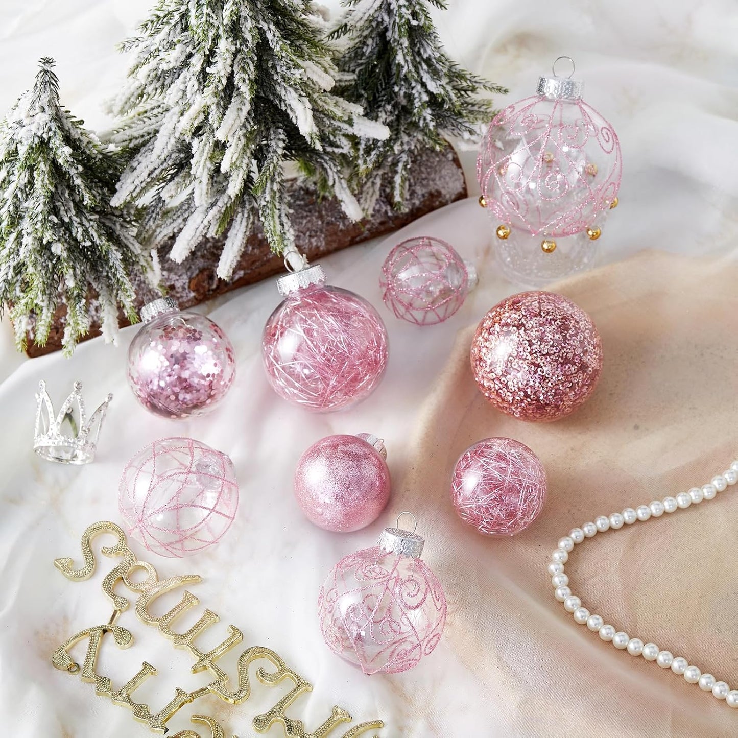 Christmas Ball Ornaments Shatterproof Clear Large Plastic Hanging Ball Decorative Baubles Set with Stuffed Delicate Decorations (Multi-Size, Pink)