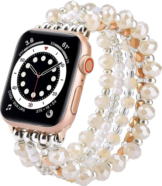 Beaded Bracelet Compatible for Apple Watch Band 40Mm/38Mm/41Mm Series 9 8 7 SE Series 6/5/4 Women Fashion Cute Handmade Pearl Beads Stretchy Watch Strap for Iwatch Bands Series 3/2/1