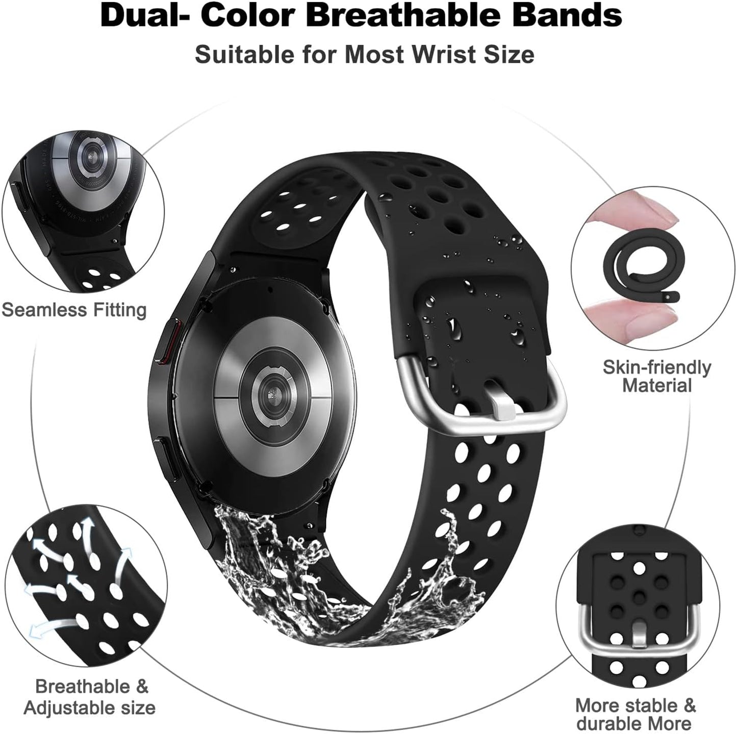 Sport Bands for Samsung Galaxy Watch 6/5/4 40Mm 44Mm,Watch 6/4 Classic 47Mm 43Mm/46Mm 42Mm Women/Men,Silicone Strap for Samsung Watch 5 Pro 45Mm,No Gap Replacement Wristband Breathable Correa