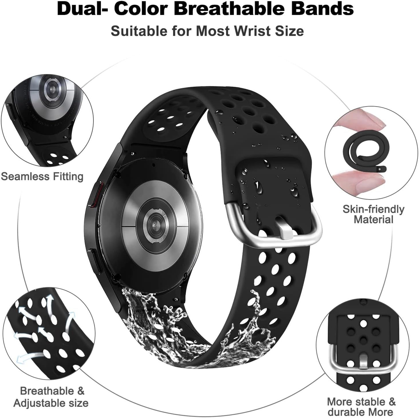 Sport Bands for Samsung Galaxy Watch 6/5/4 40Mm 44Mm,Watch 6/4 Classic 47Mm 43Mm/46Mm 42Mm Women/Men,Silicone Strap for Samsung Watch 5 Pro 45Mm,No Gap Replacement Wristband Breathable Correa