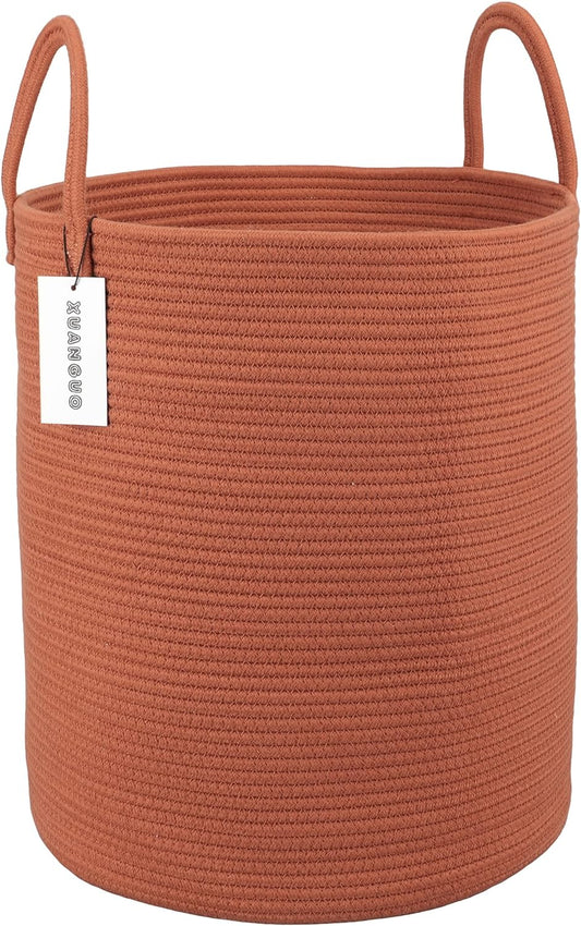 Cotton Rope Laundry Basket Hamper for Clothes Woven Storage Basket for Living Room Bedroom Boho Tall Rope Baskets for Blanket Toys Pillow Towels Baby Nursery Hamper Bin Large Rust Red
