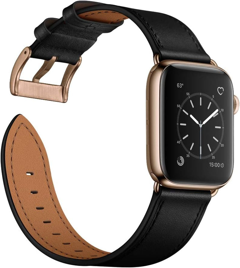 Compatible with Apple Watch Band 42Mm(Series 10) 41Mm 40Mm 38Mm, Genuine Leather Band Replacement Strap Compatible with Apple Watch (Black+Black/Bronze Gold)