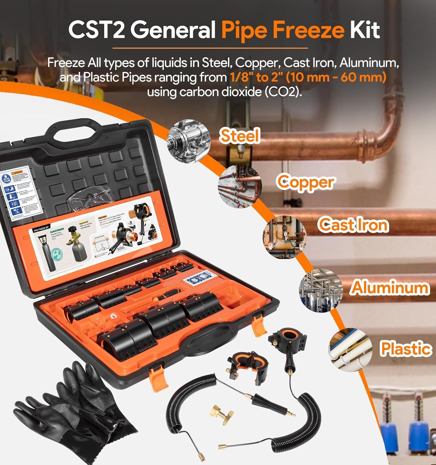 CST2 General Cold-Shot Pipe Freeze Kit - Upgraded CO2 Water Pipe Plumbing Line Freezing Repair Kit from 1/8" to 2" for Copper Steel Aluminum Cast Iron