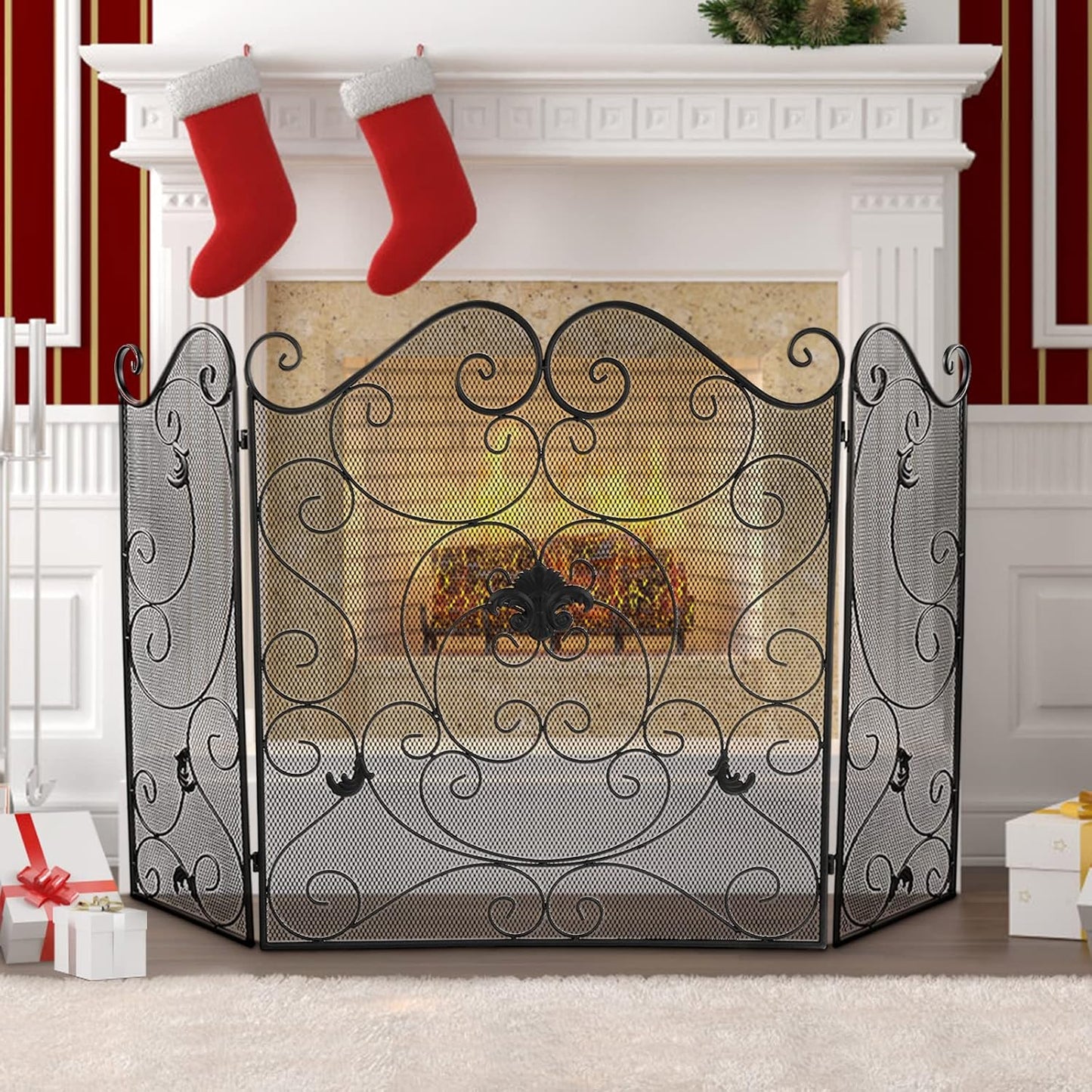 Fireplace Screen 3 Panel Fireplace Screens for Fireplace 50 X 31 Inch Wrought Iron Black Metal Spark Guard Cover Fireguards Mesh Cover Baby Safe Proof Fence Fire Place Standing Gate (Style 1)