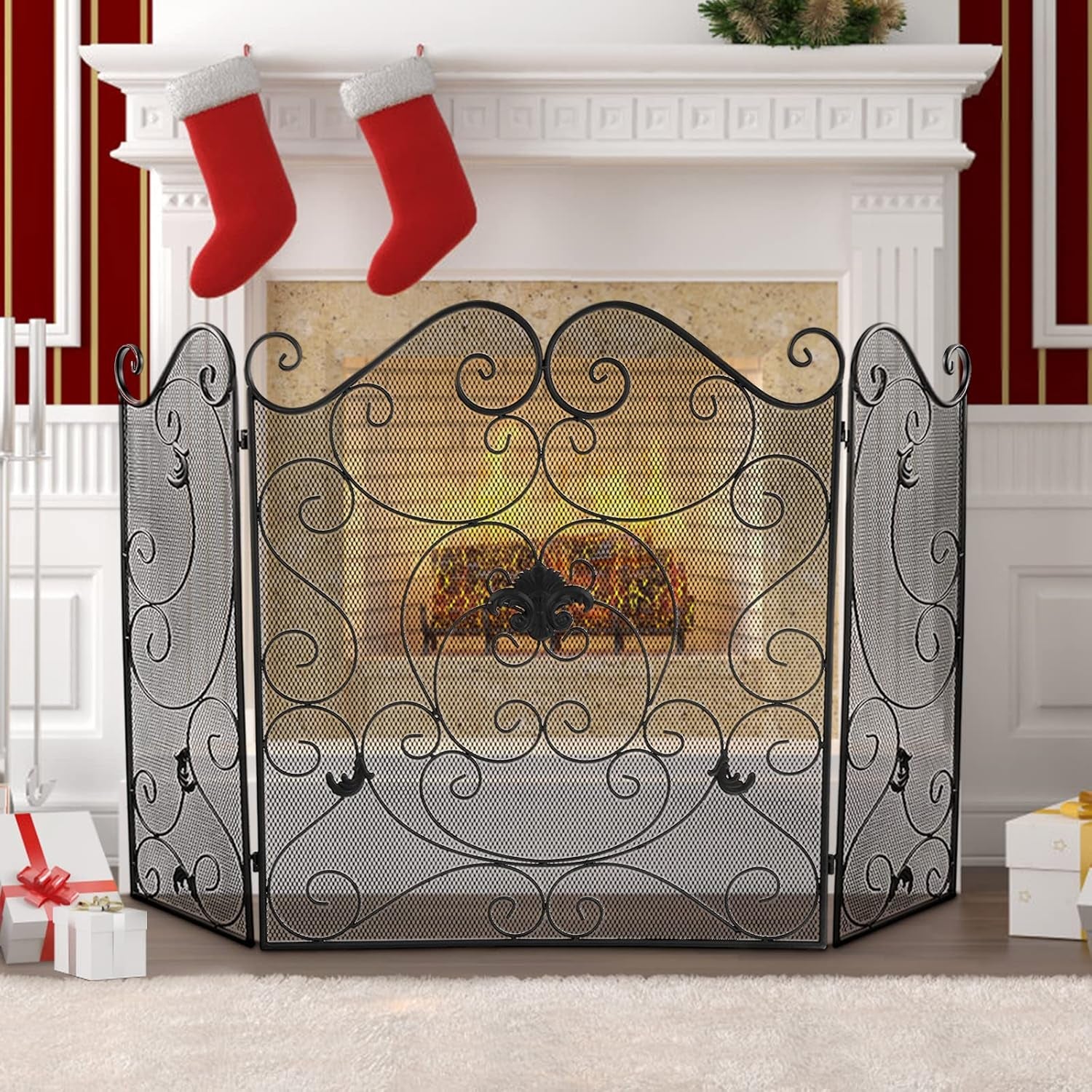 Fireplace Screen 3 Panel Fireplace Screens for Fireplace 50 X 31 Inch Wrought Iron Black Metal Spark Guard Cover Fireguards Mesh Cover Baby Safe Proof Fence Fire Place Standing Gate (Style 1)