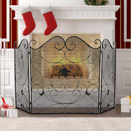 Fireplace Screen 3 Panel Fireplace Screens for Fireplace 50 X 31 Inch Wrought Iron Black Metal Spark Guard Cover Fireguards Mesh Cover Baby Safe Proof Fence Fire Place Standing Gate (Style 1)