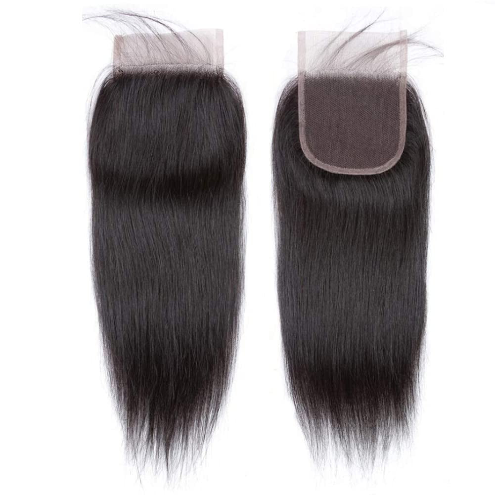 Straight Lace Closure 4X4 Free Part Closure 100% Brazilian Virgin Human Hair Lace Closure Straight Hair Weave with Baby Hair Natural Black Color(10Inch)