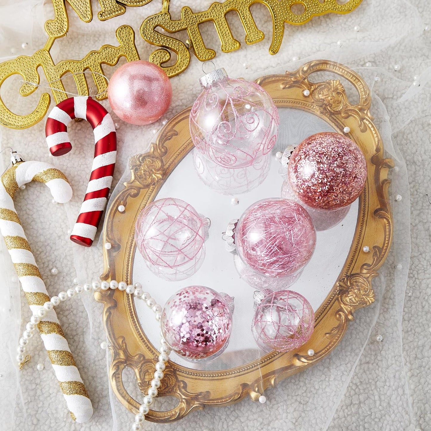 Christmas Ball Ornaments Shatterproof Clear Large Plastic Hanging Ball Decorative Baubles Set with Stuffed Delicate Decorations (Multi-Size, Pink)