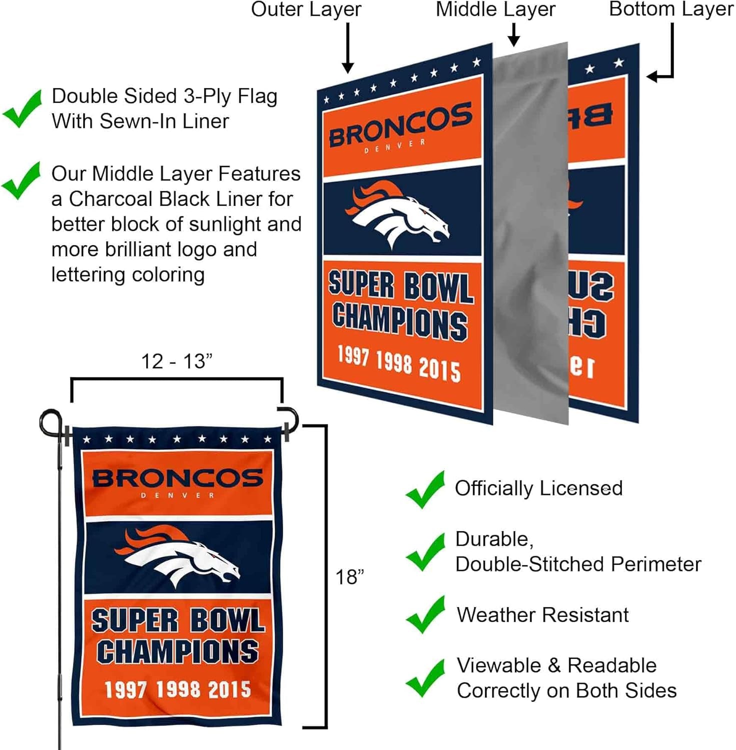 Denver Broncos 3 Time Super Bowl Champions Double Sided Garden Flag