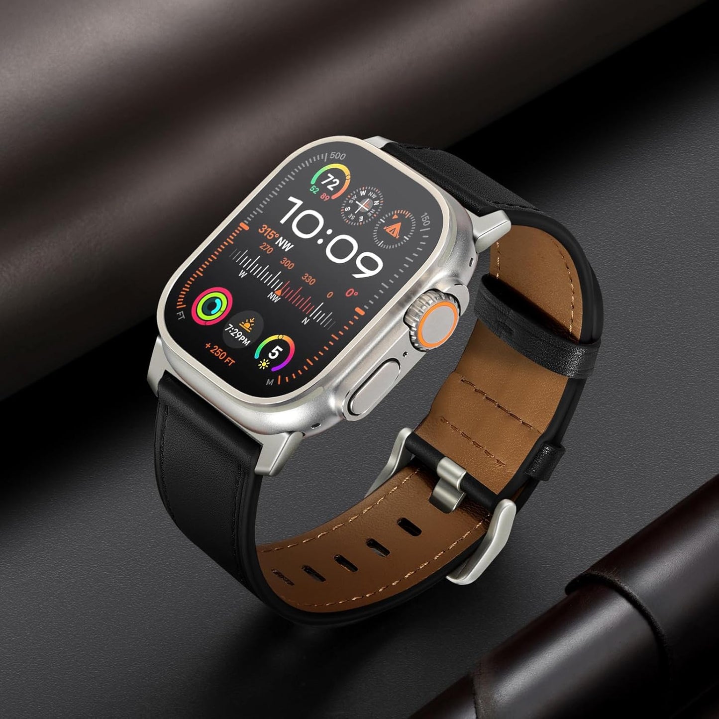 Compatible with Apple Watch Band 41Mm 40Mm 38Mm Men Women, Top Grain Genuine Leather Band Strap for Iwatch Series 9 8 7 6 5 4 3 2 1 SE, Black/Titanium