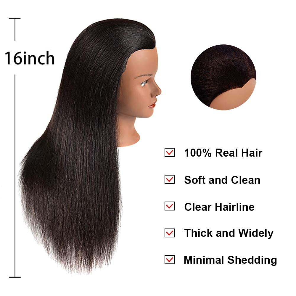 Mannequin Head 100% Real Hair for Cosmetology Manikin 16 Inch Doll Head Hairdresser Hairstylist Training Practice Styling Braiding Styling Curling Coiling Display Cosmetology with Stand