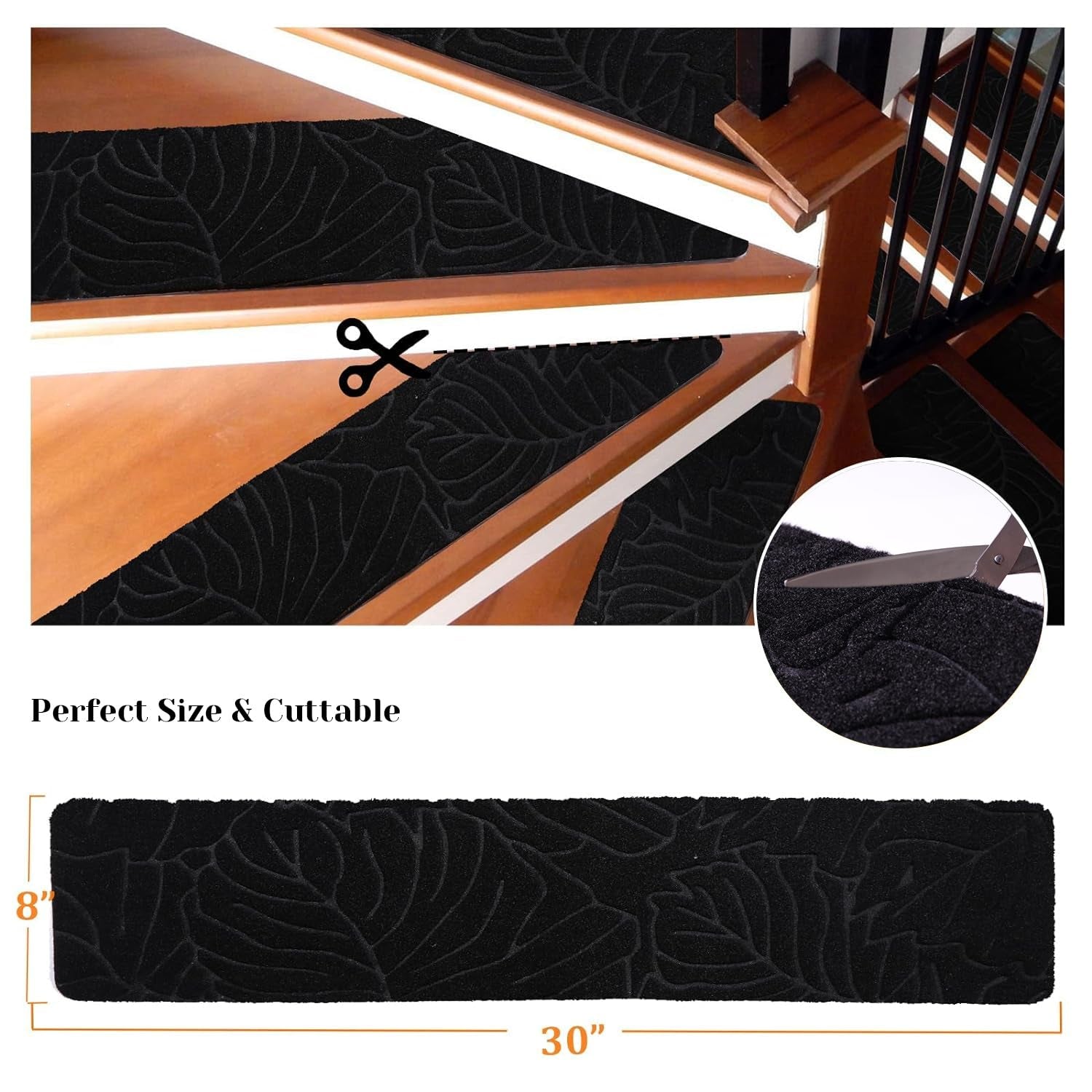 Stair Treads for Wooden Steps, 8" X 30" Non Slip Carpet Stair Treads Set of 15 Indoor Carpet Mat Stair Runners Stair Rugs for Kids Elders and Pets with Reusable Adhesive, Black