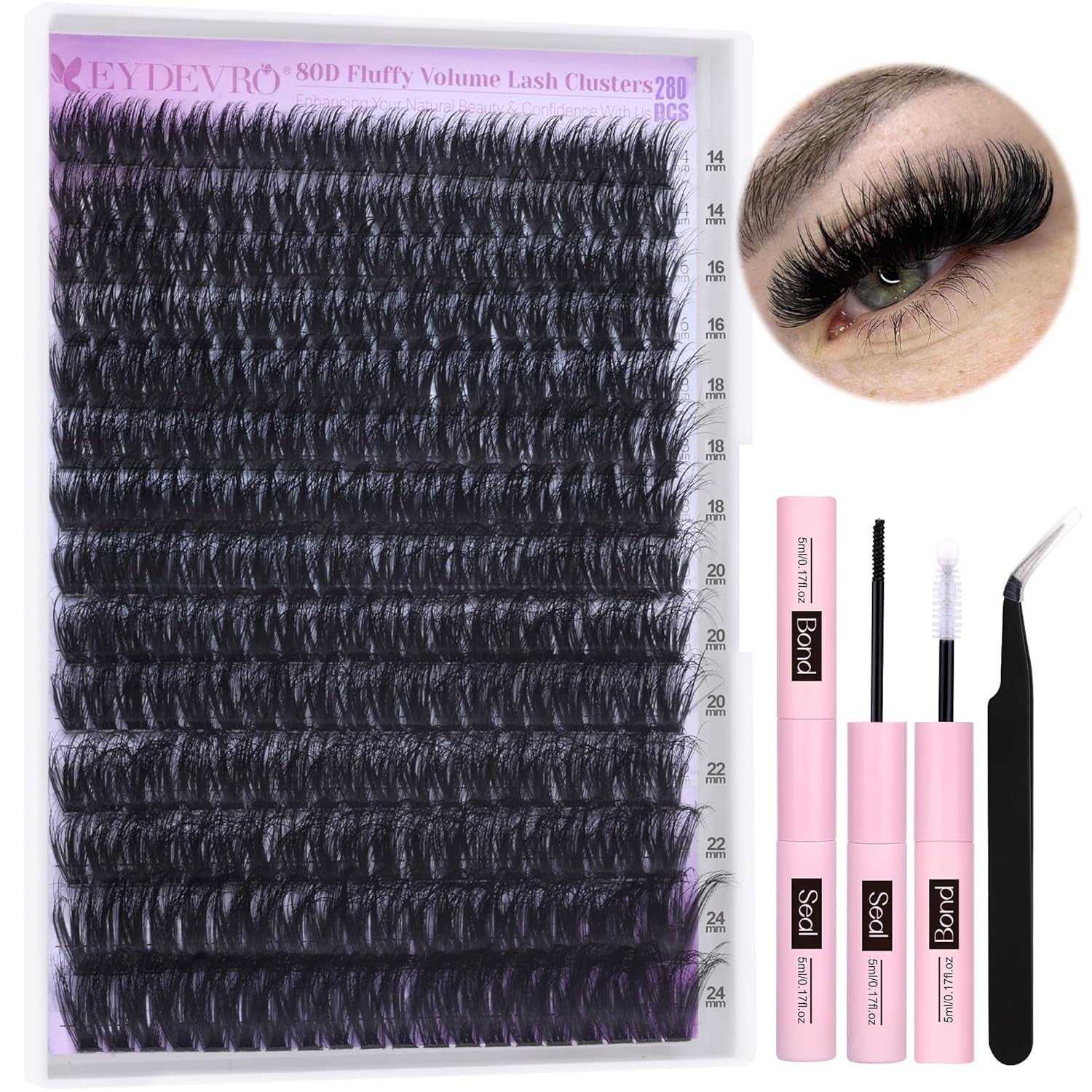 Fluffy Lash Clusters Kit 80D100D Volume Lash Extension Kit 280 Pcs Left/Right Cluster Eyelash Extension Kit D Curl Thick Mega Lash Clusters with Waterproof Lash Bond and Seal and Lash Tweezers