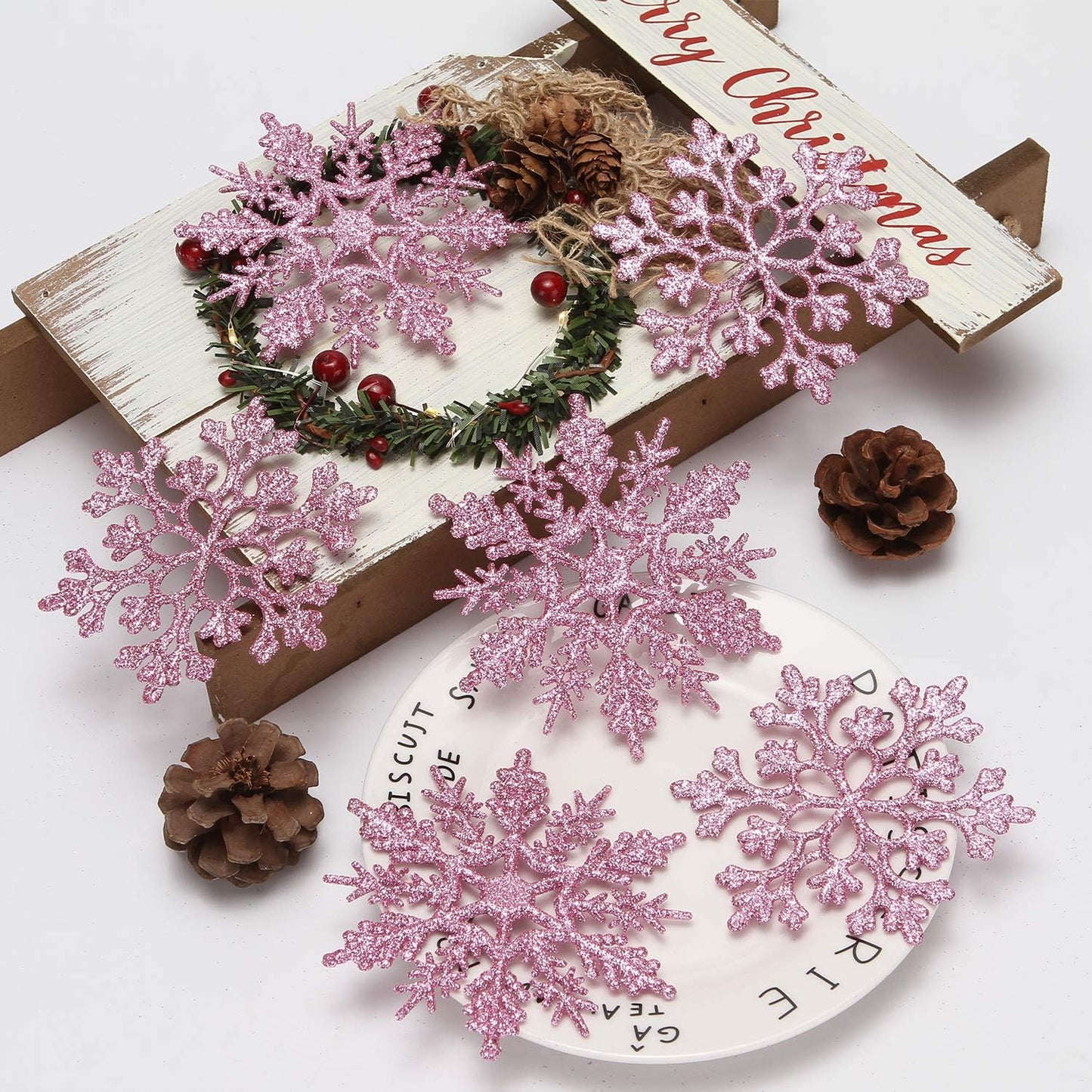 Plastic Christmas Glitter Snowflake Ornaments Christmas Tree Decorations, 4-Inch, Set of 36, Pink