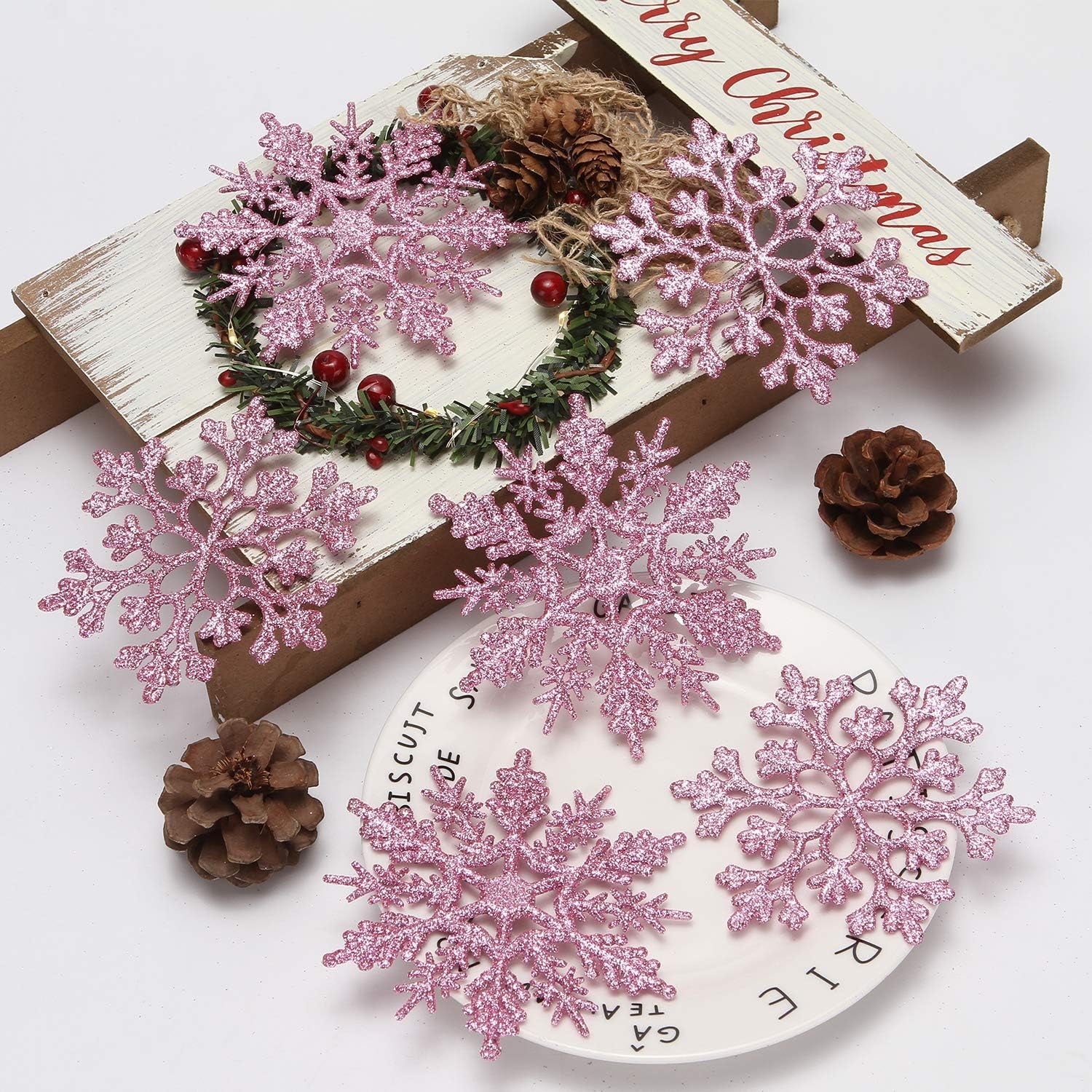 Plastic Christmas Glitter Snowflake Ornaments Christmas Tree Decorations, 4-Inch, Set of 36, Pink