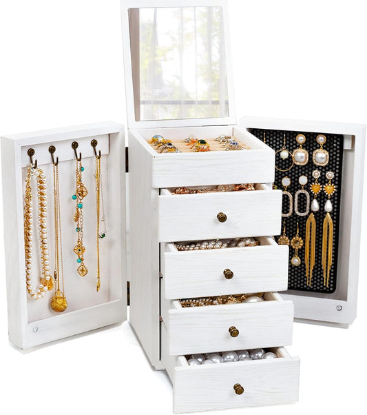 Jewelry Box Wood for Wowen, 5-Layer Large Organizer Box with Mirror & 4 Drawers for Rings, Earrings, Necklaces, White