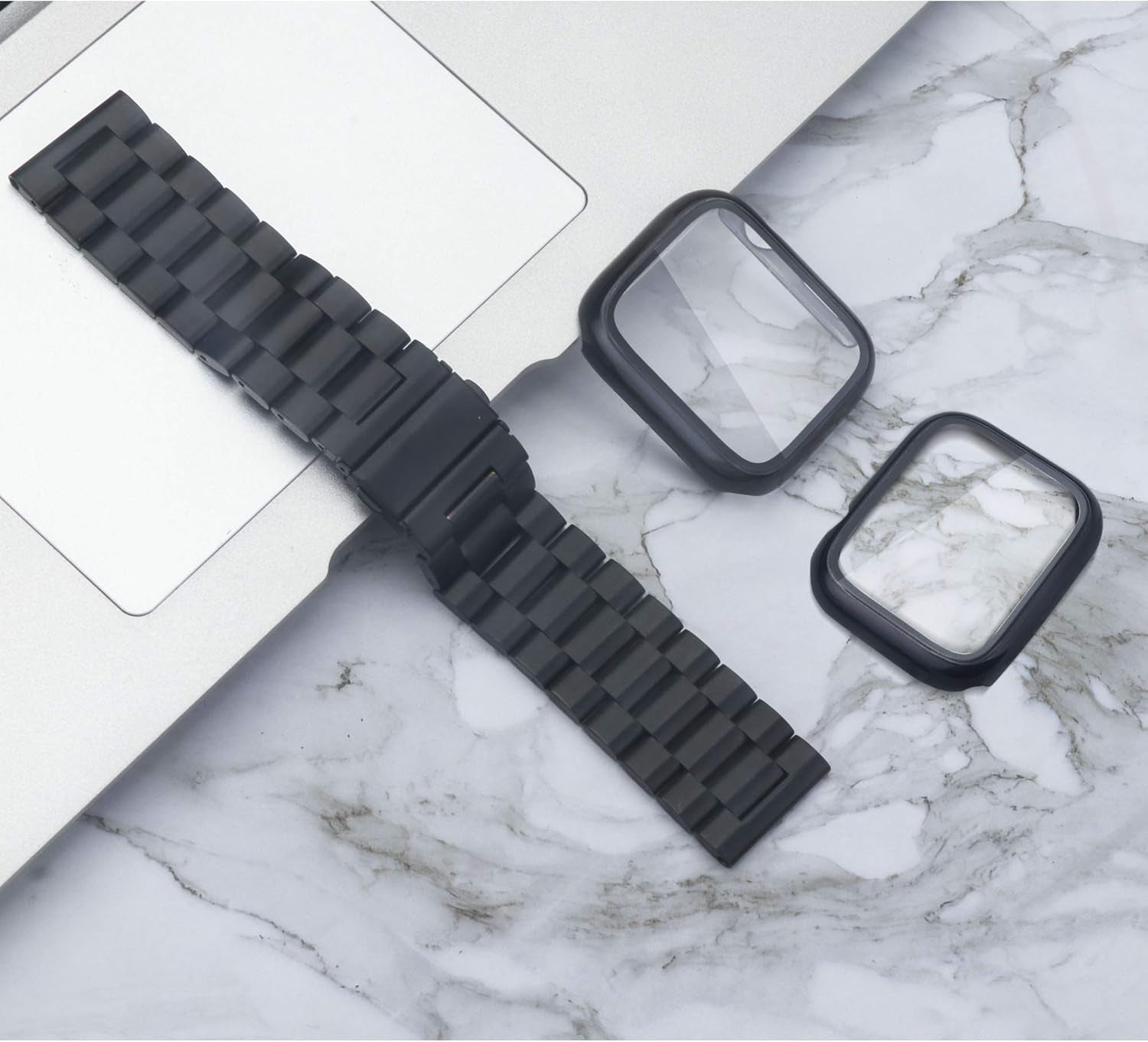 Compatible with Apple Watch Band 49Mm 44Mm 45Mm 42Mm 40Mm 38Mm 41Mm, Stainless Steel Metal XL Large Iwatch Bands with 2 Pack Tempered Glass Screen Case for Series 9 Ultra 2 8/7/6/5/4/3/2/1/SE for Men