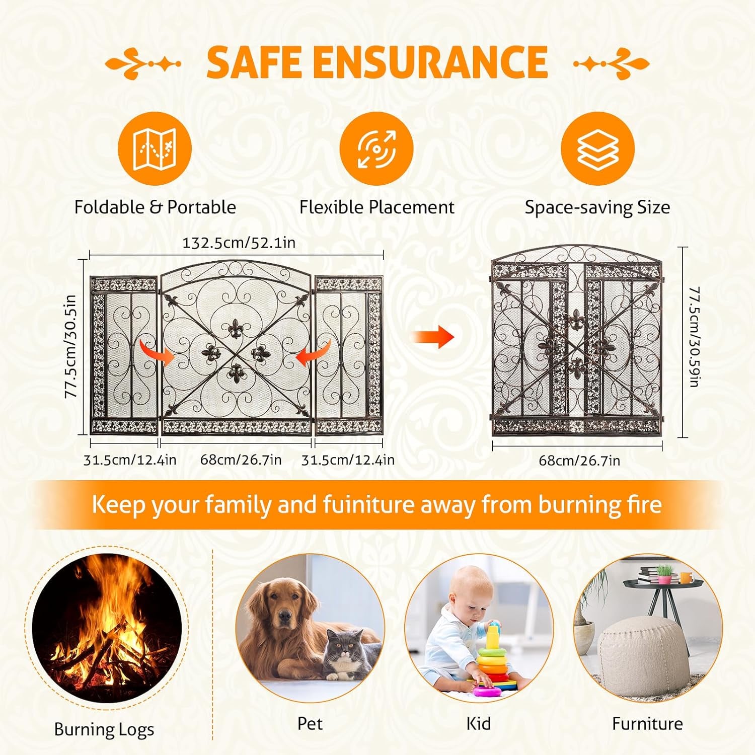 Fireplace Screen 3 Panel Folding Fireplace Screens 52.4 X 31 Inch Metal Furnace Fireguards Mesh Cover Baby Safe Proof Fence Spark Guard Cover Wrought Iron Fire Place Standing Gate (Bronze)