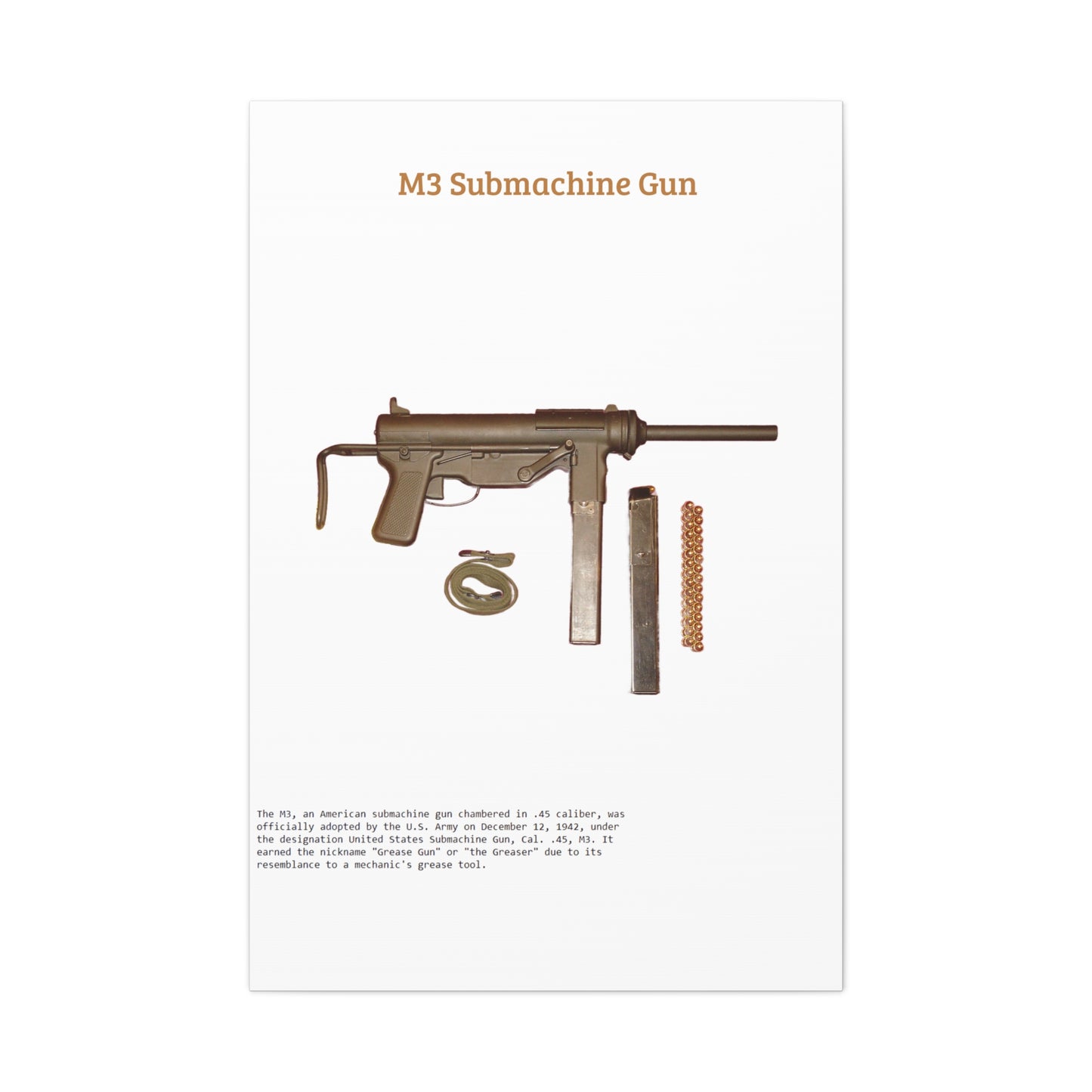 Grease Gun M3 submachine gun Matte Canvas, Stretched, 1.25"