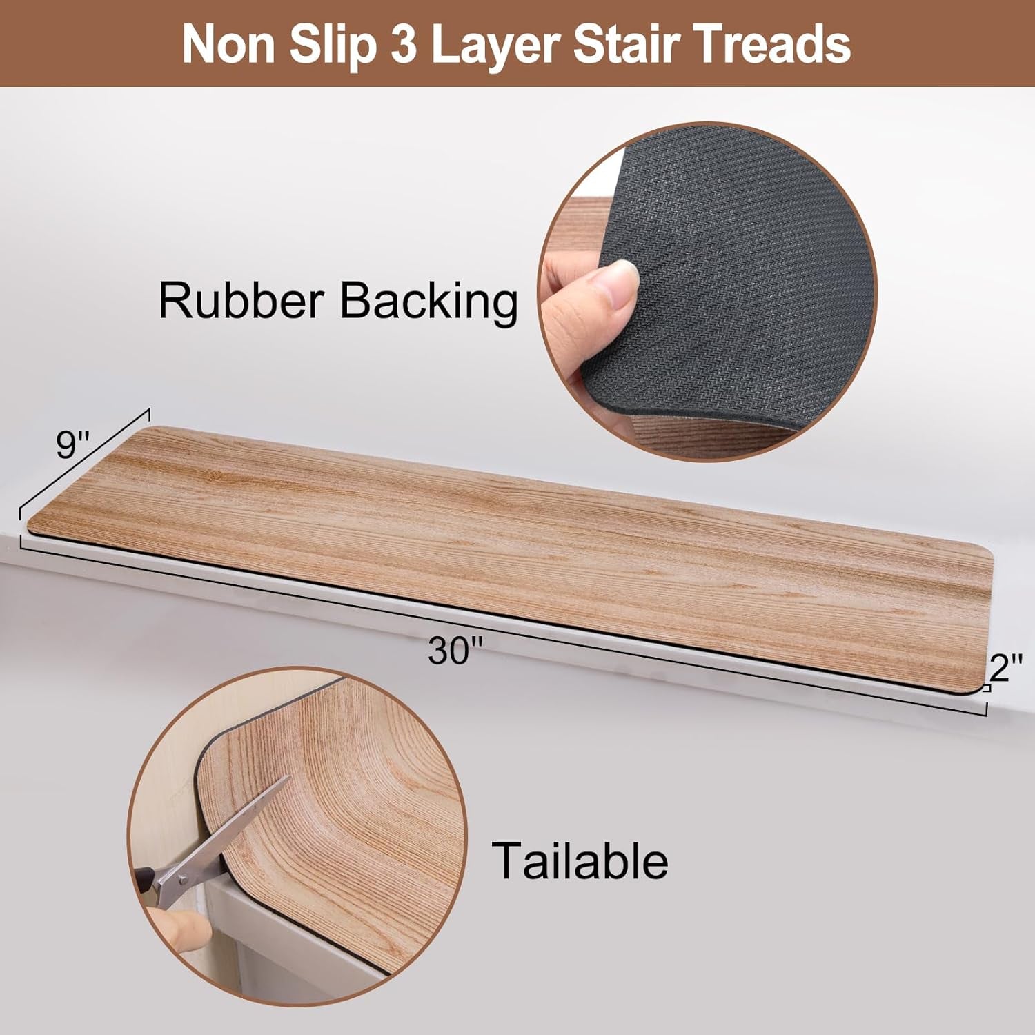 Non Slip Rubber Stair Treads, Indoor Stair Treads Stair Runners for Wooden Steps, Basement Stair Mats for Pet, Kids and Elderly, Brown Wood, 30"X8", Set of 15