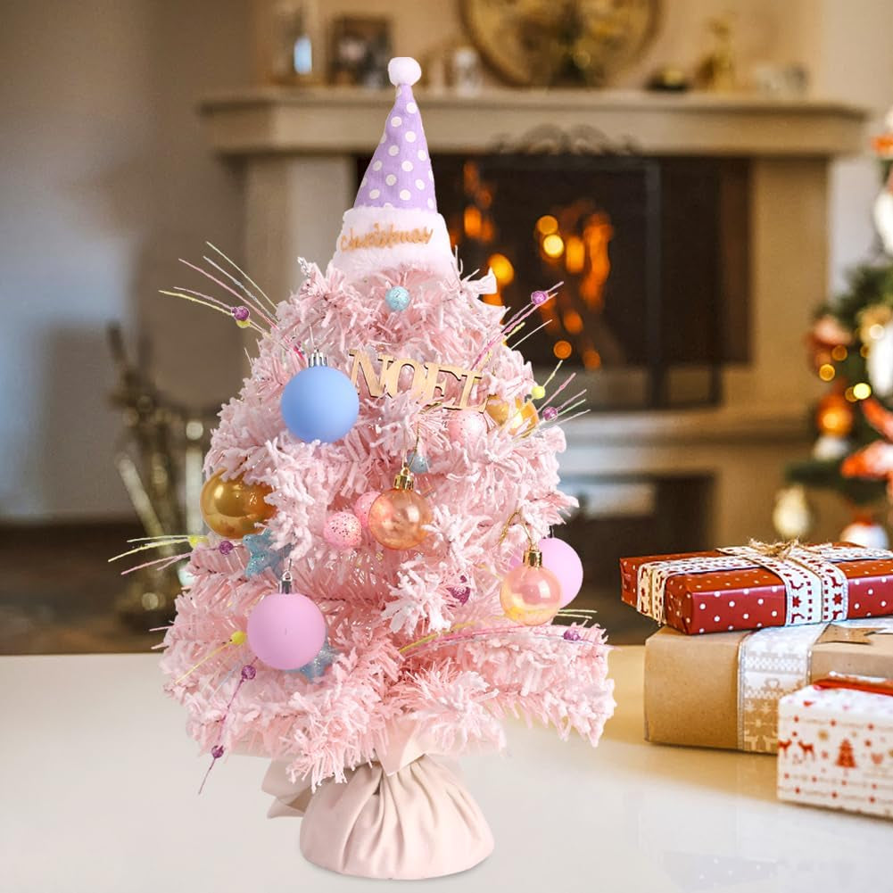 Mini Christmas Tree, 22 Inch Artificial Flocked Tabletop Xmas Trees with Noel Sign Christmas Ball Ornament and Treetop Decor for Home Office Desk Holiday Party Indoor Decoration- Light Pink