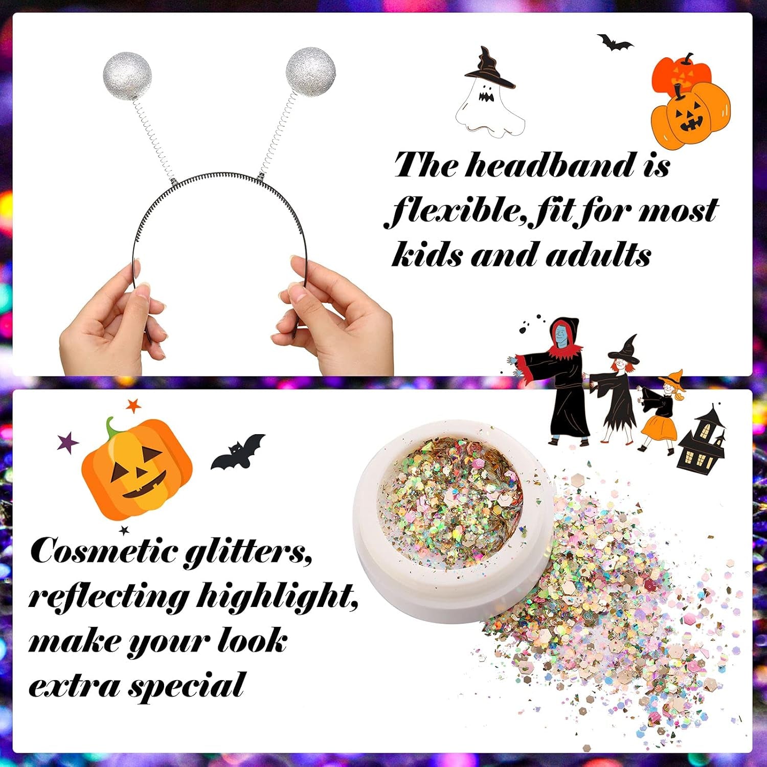3 Pieces Halloween Alien Costume Include Silver Metallic Alien Skirt Flared Pleated Skater Skirt Cosmetic Face Glitter and Silver Headband for Women Girl Halloween Supplies