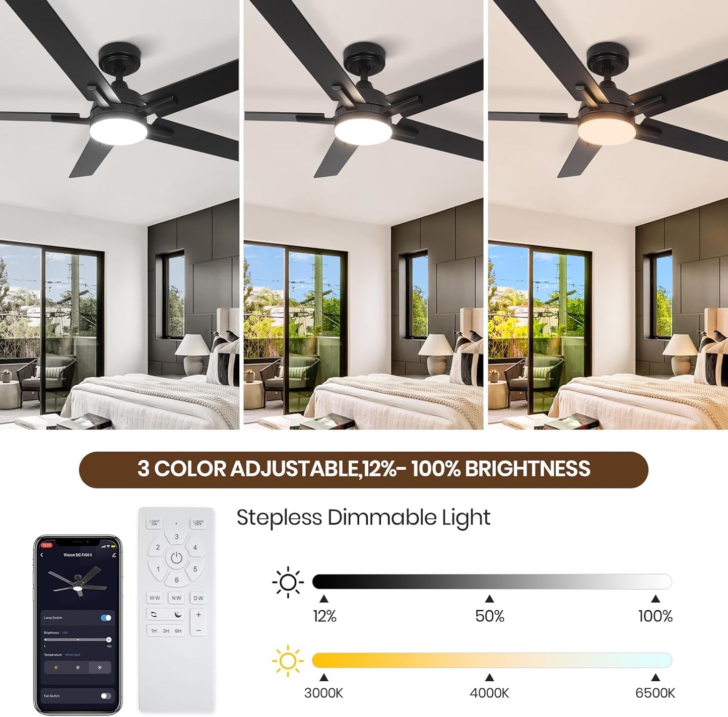 52 Inch Ceiling Fan, Smart Ceiling Fan with Remote/App, Black Ceiling Fan with 6-Speeds Reversible Motor, Alexa Ceiling Fan with 5 Two-Sided Blades Dimmable Noiseless for Indoor Bedroom/Outdoor
