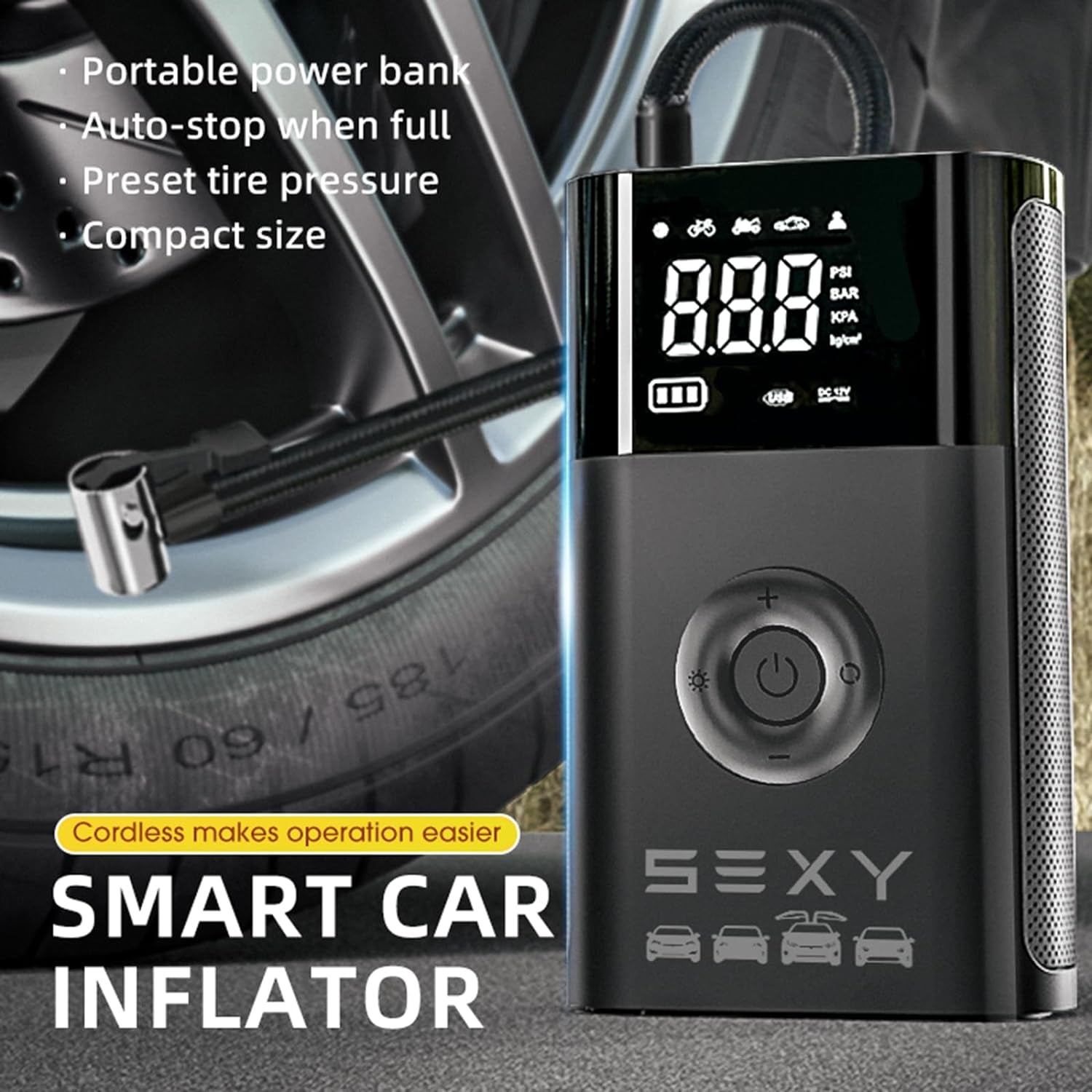 Tire Inflator Air Compressor for Model 3 Y X S,Cordless Portable Air Pump,2024 Accessories with Tire Pressure Gauge and Emergency Light,Multipurpose Tire Pump