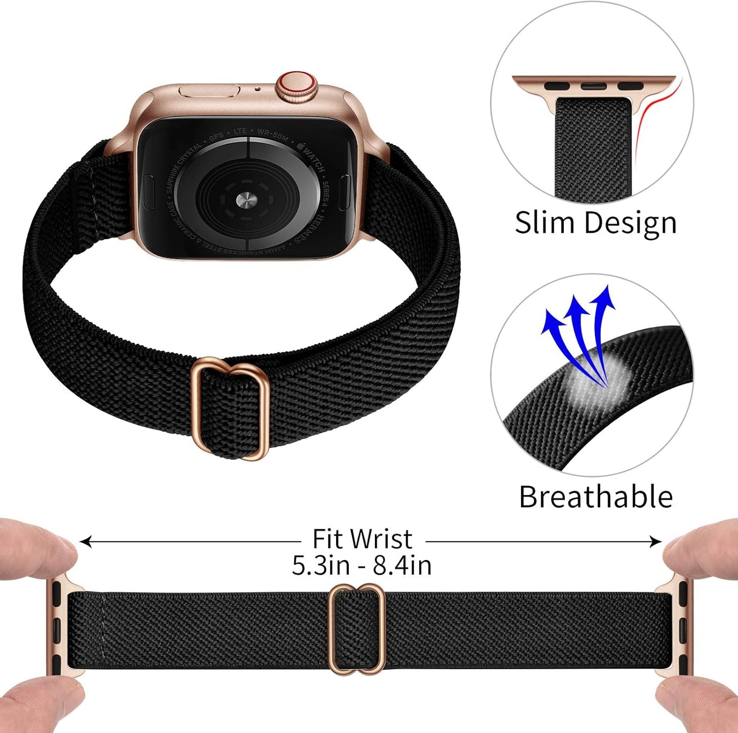Slim Stretchy Bands Compatible with Apple Watch Band 41Mm 40Mm 38Mm, Women Elastics Nylon Thin Band Strap for Iwatch SE SE2 Series 9 8 7 6 5 4 3 2 1 (Black/Rose Gold, 41Mm 40Mm 38Mm)