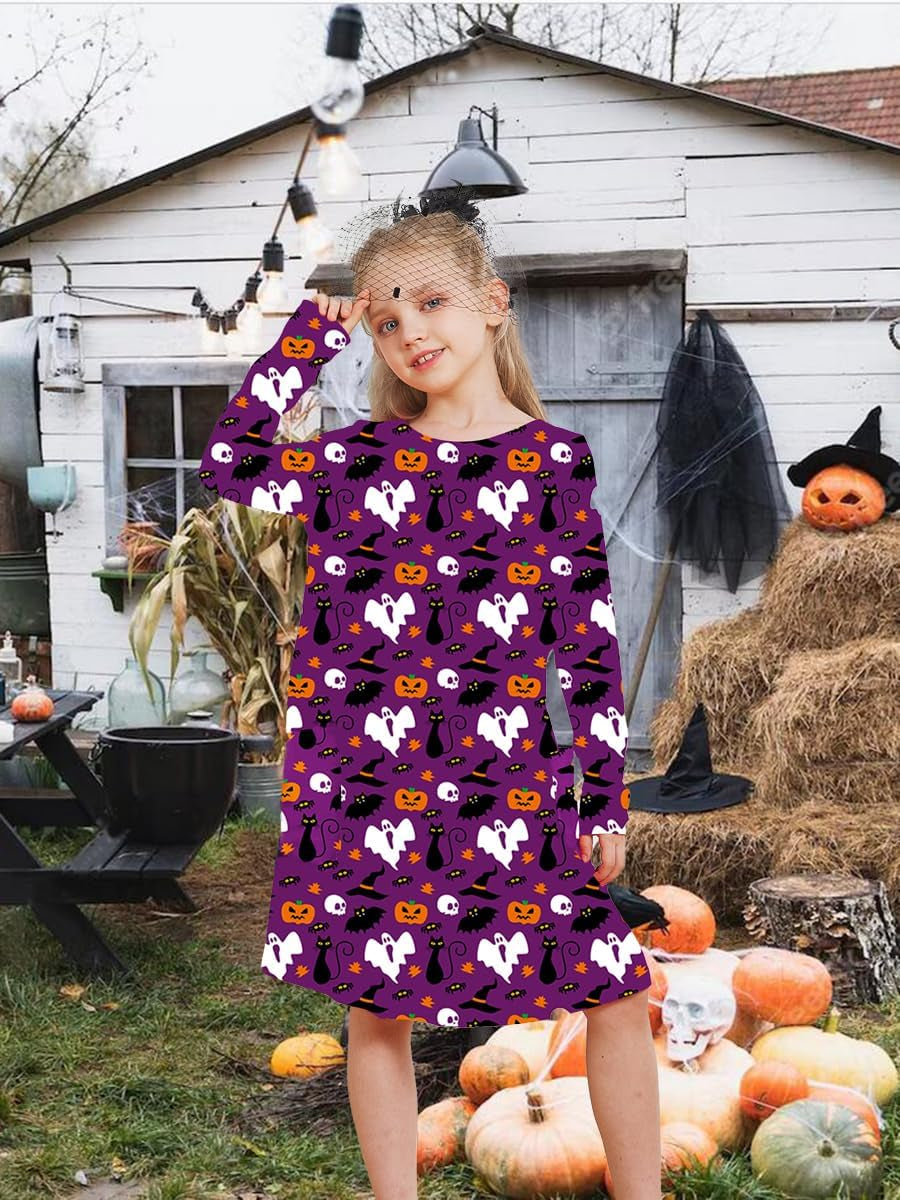 Girls Halloween Costumes Dresses for Kids Costume Dress Long Sleeve Printed Shirt Dresses with Pockets