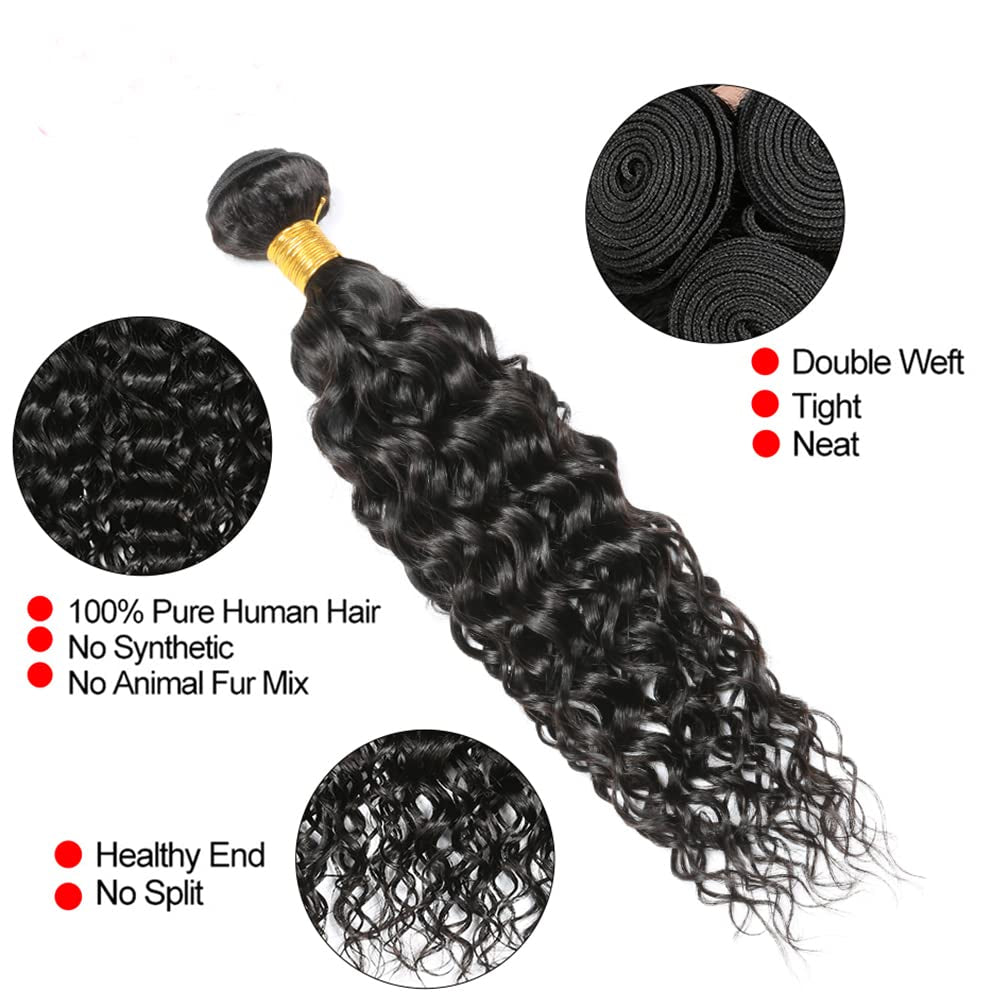 Water Wave Bundles and Closure Curly Wave Bundles with 4X4 Free Part Closure Ocean Wave Wet and Wavy Human Hair Bundles with Lace Closure (10 12 14+10) Pre Plucked with Baby Hair Natural Color