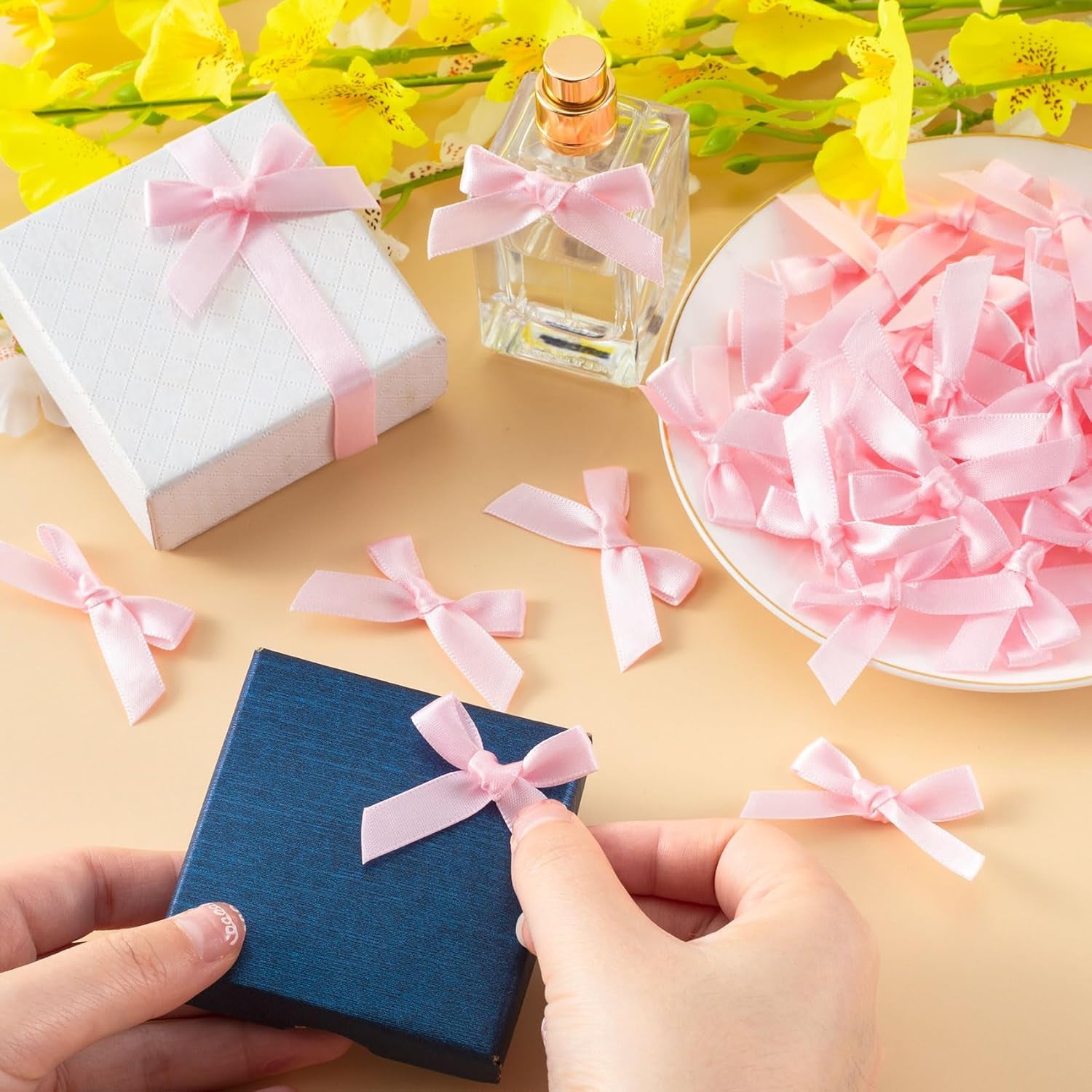 35Pcs Mini Pink Ribbon Bows, Small Satin Ribbon Bow, Cute Soft Bowknot Sewing Accessories for Flowers Bakery Wrapping Christmas Wedding Birthday Party Decoration