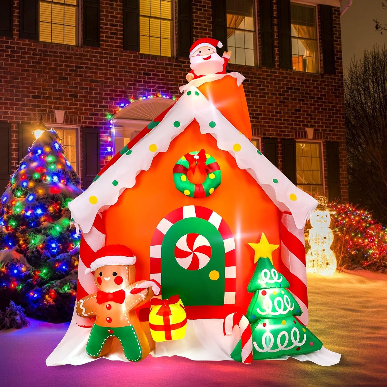 7.5 FT Tall Christmas Inflatables Gingerbread House Built-In LED Lights Blow up Christmas Decor for Xmas Party Holiday Outdoor Garden Lawn Yard Decorations