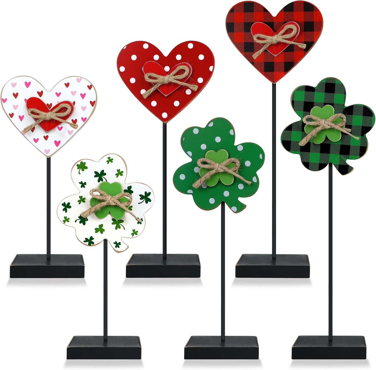 6PCS Valentine'S Day/St. Patrick’S Day Decorations Wooden Sign, Valentines Day Decor St. Patrick’S Day Shamrock Signs, Freestanding Farmhouse Table Centerpiece for Home Mantle Shelf Tiered Tray Decor