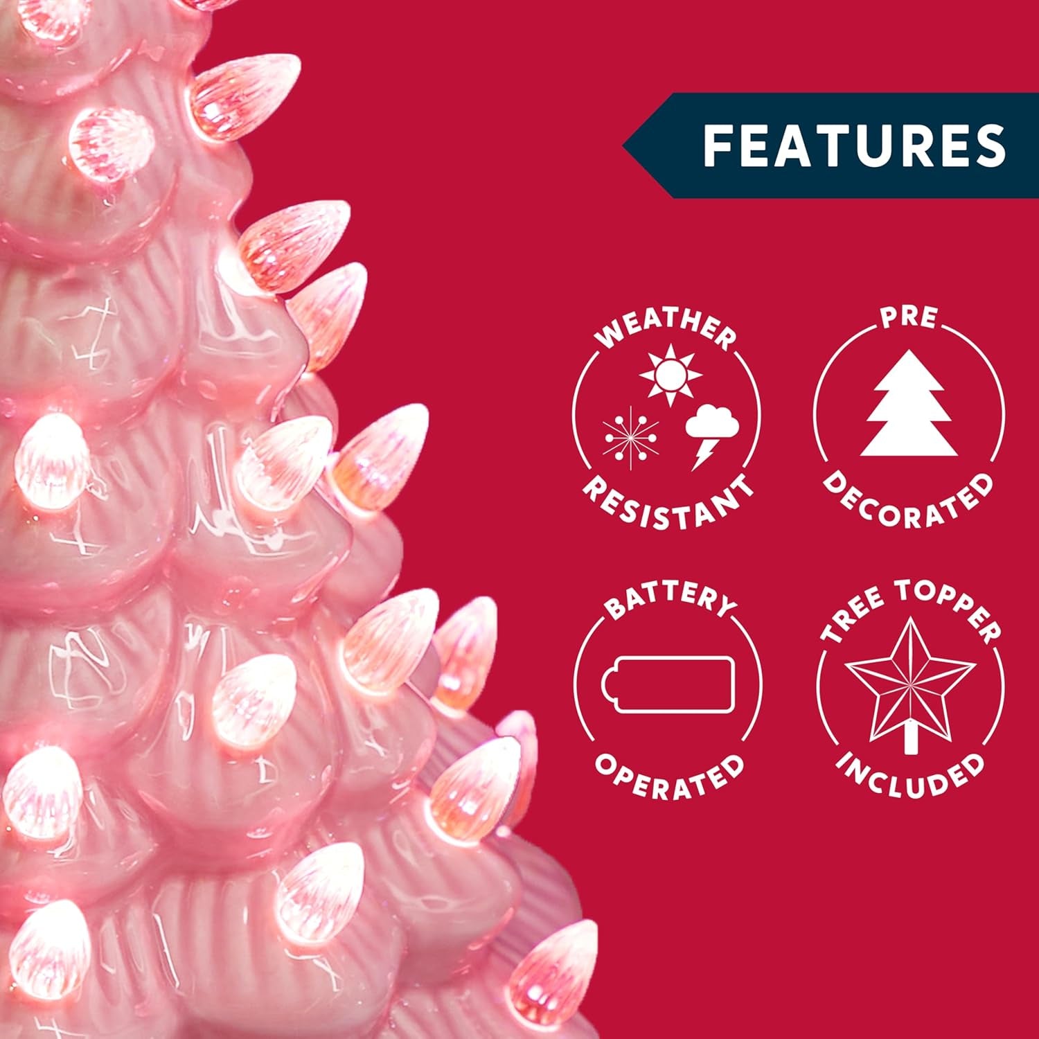 12" Pink Ceramic Christmas Tree, Prelit Tabletop Christmas Tree with Extra Pink Top Star & Bulbs for Best Desk Decoration