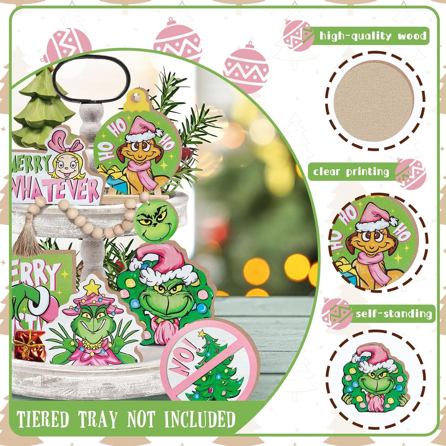 Merry Christmas Tiered Tray Decor, Pink Xmas Tree Tray Decorations Set, Max Dog Hohoho Merry Whatever Girl Winter Wooden Signs, Funny Holiday Farmhouse Rustic Home Decor for Table Shelf Party