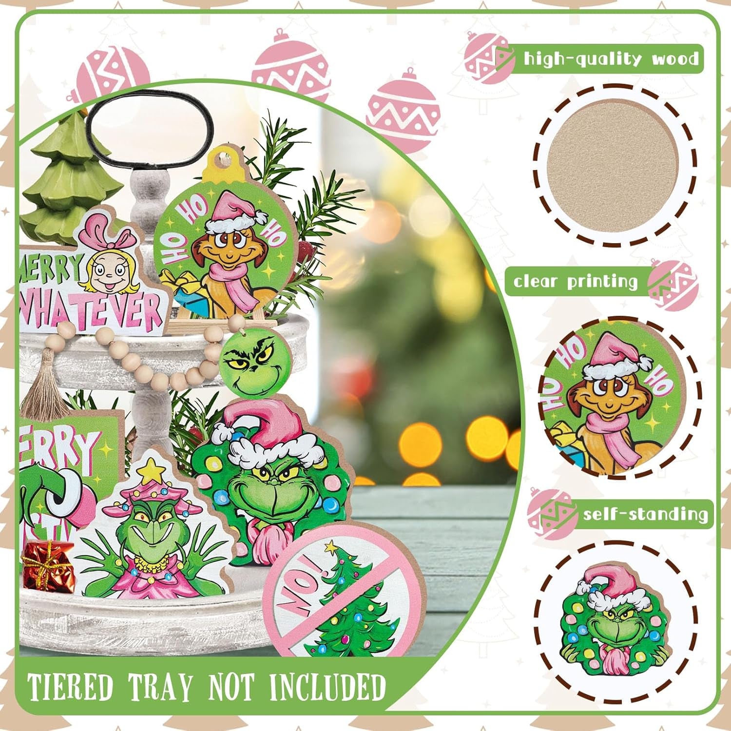 Merry Christmas Tiered Tray Decor, Pink Xmas Tree Tray Decorations Set, Max Dog Hohoho Merry Whatever Girl Winter Wooden Signs, Funny Holiday Farmhouse Rustic Home Decor for Table Shelf Party