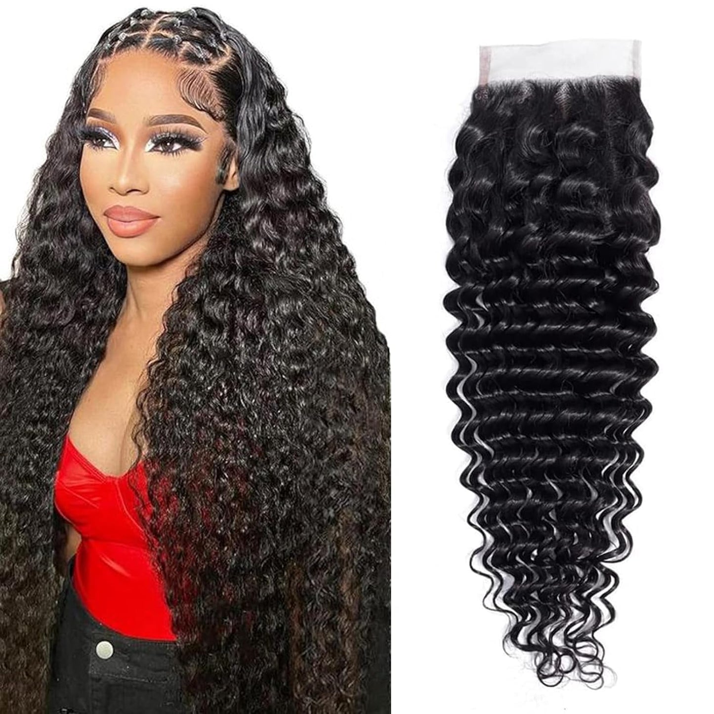 Deep Wave 4X4 Lace Closure Brazilian Human Hair 150% Density 12A Unprocessed Wet and Wavy 4X4 Lace Closure with Baby Hair Free Part Natural Black 10Inch