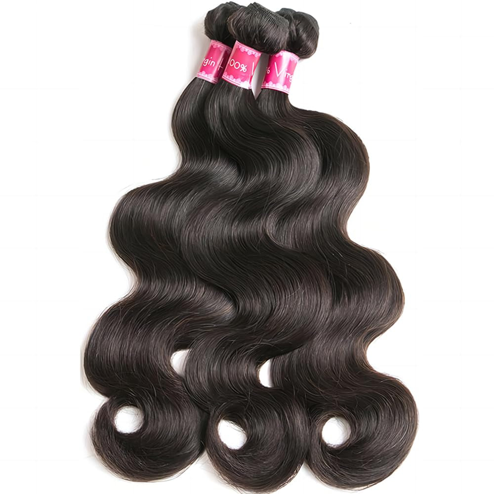 Body Wave Bundles Human Hair, 3 Bundles 14/16/18Inch Hair Extensions, Body Wave Bundles Human Hair, 10A Grade 100% Unprocessed Virgin Brazilian Human Hair Bundles Natural Black Color