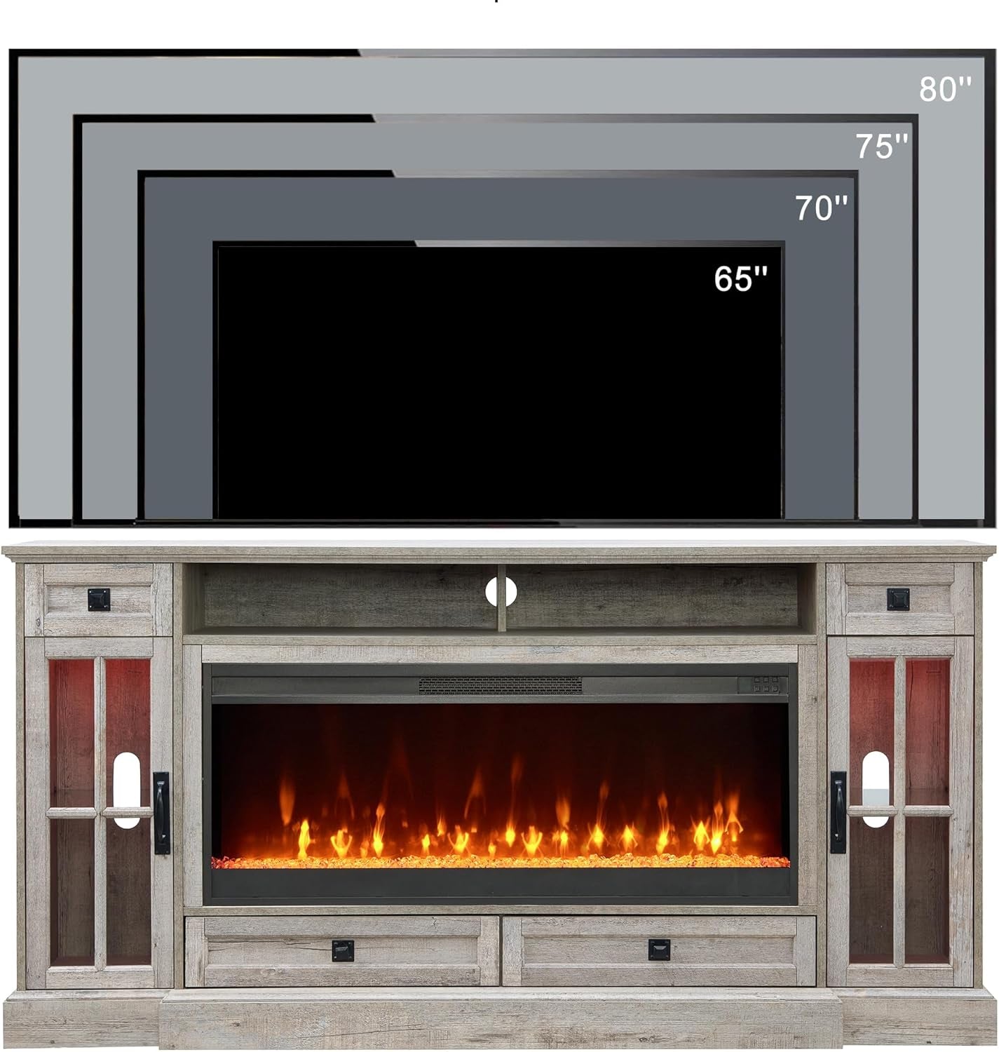 Fireplace TV Stand for 80 Inch TV, Farmhouse Entertainment Center with 42" Fireplace & LED Lights, Modern Media Console Table with Storage Drawers & Cabinets for Living Room, Light Rustic Oak