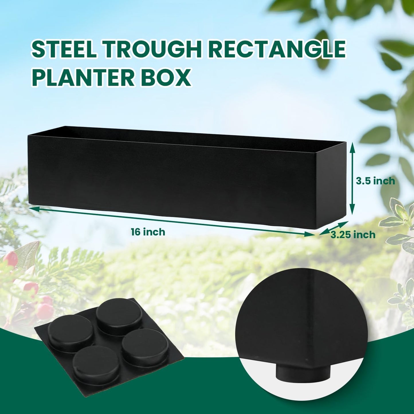 Trough Rectangle Planter Window Sill Planter Box Long Window Planters Modern Galvanized Steel Succulent Planter Black Metal Windowsill Pot 16 in for Indoor Plants Herb Table Home Outdoor