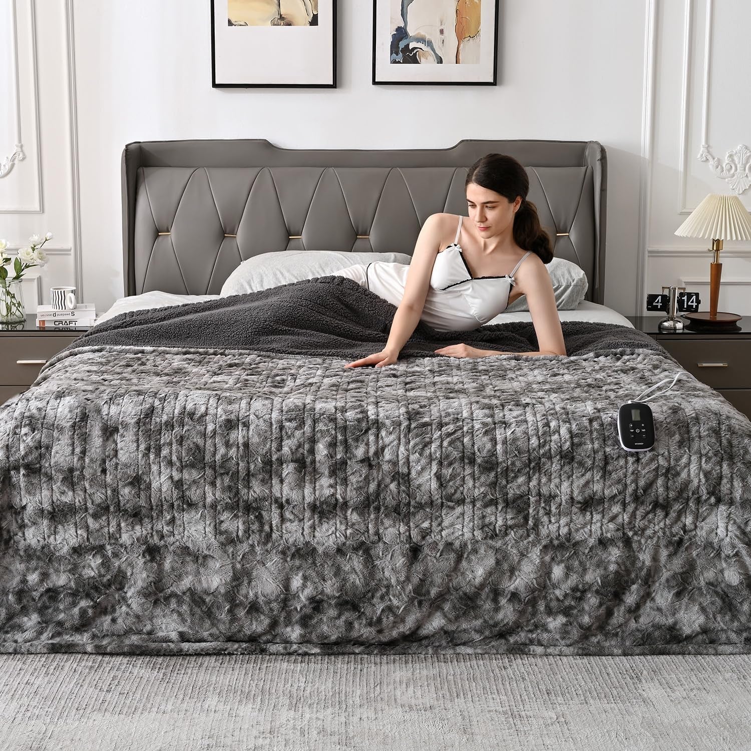 [5 Year Warranty Heated Blanket King Size, Dual Control, Electric Blanket 90"X 100", Double-Sided Faux Fur&Sherpa, Overheat Protection, 10 Heating Levels & 12H Auto Off, CPF, Home Office