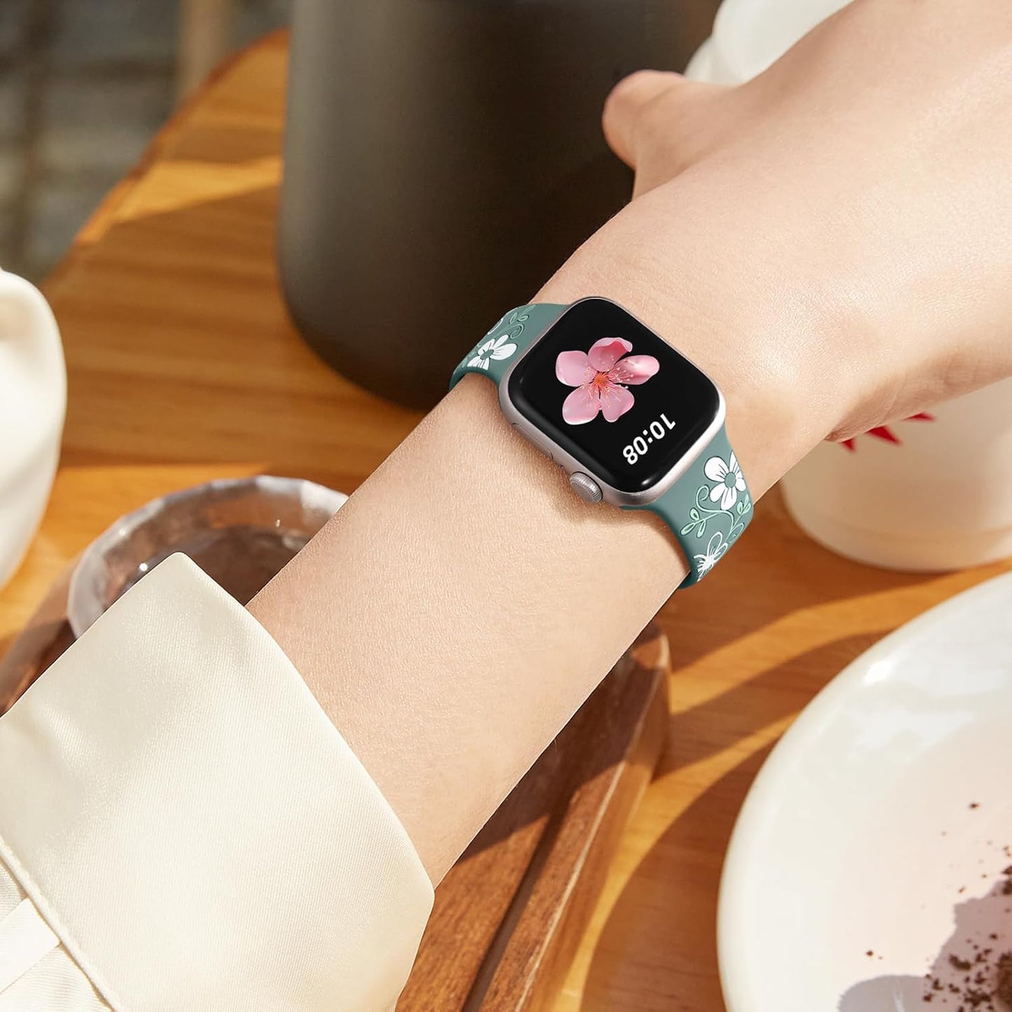 Floral Band Compatible with Apple Watch Bands for Women 40Mm 41Mm 38Mm 42Mm 44Mm 45Mm 46Mm 49Mm, Engraved Cute Flower Silicone Inlay Dressy Strap for Iwatch Series 10 9 8 7 6 5 4 3 2 SE Ultra