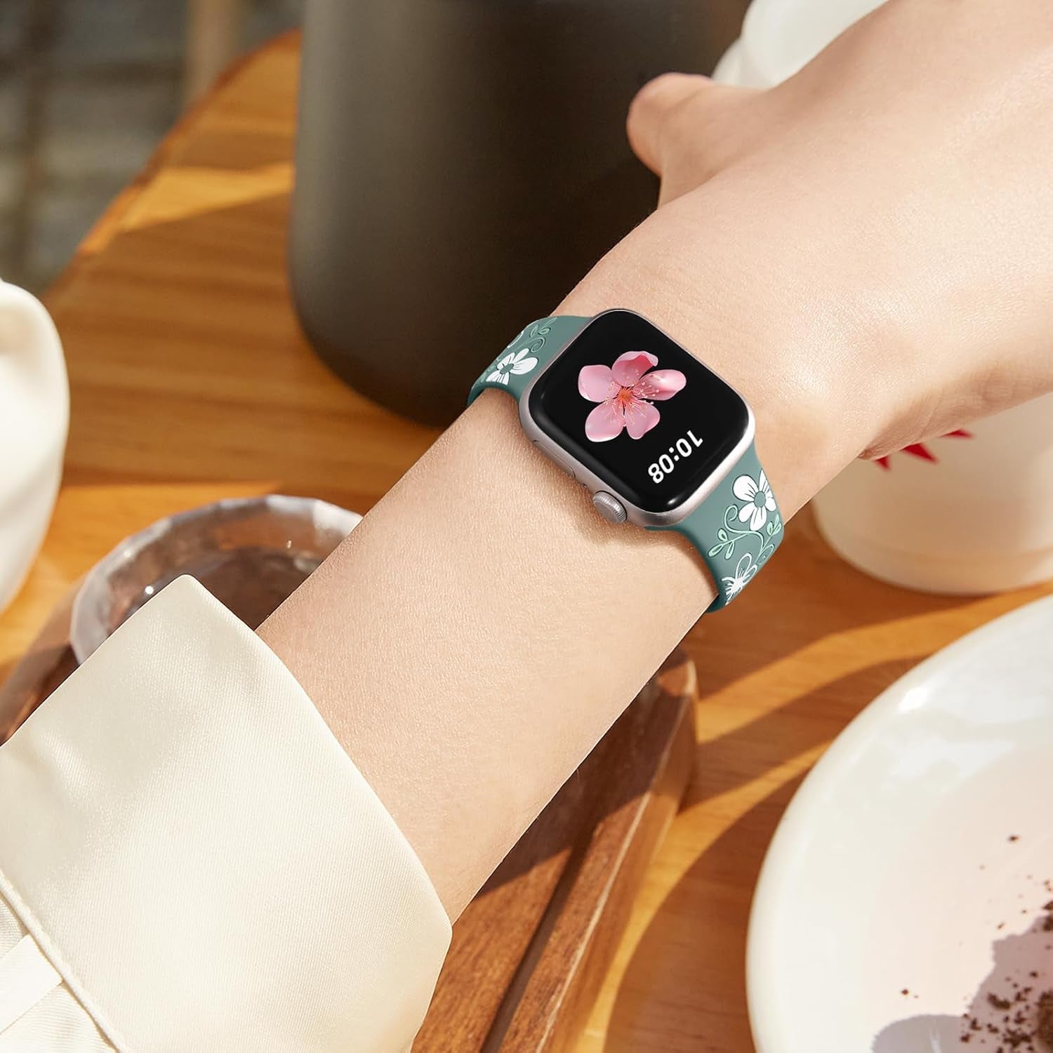 Floral Band Compatible with Apple Watch Bands for Women 40Mm 41Mm 38Mm 42Mm 44Mm 45Mm 46Mm 49Mm, Engraved Cute Flower Silicone Inlay Dressy Strap for Iwatch Series 10 9 8 7 6 5 4 3 2 SE Ultra