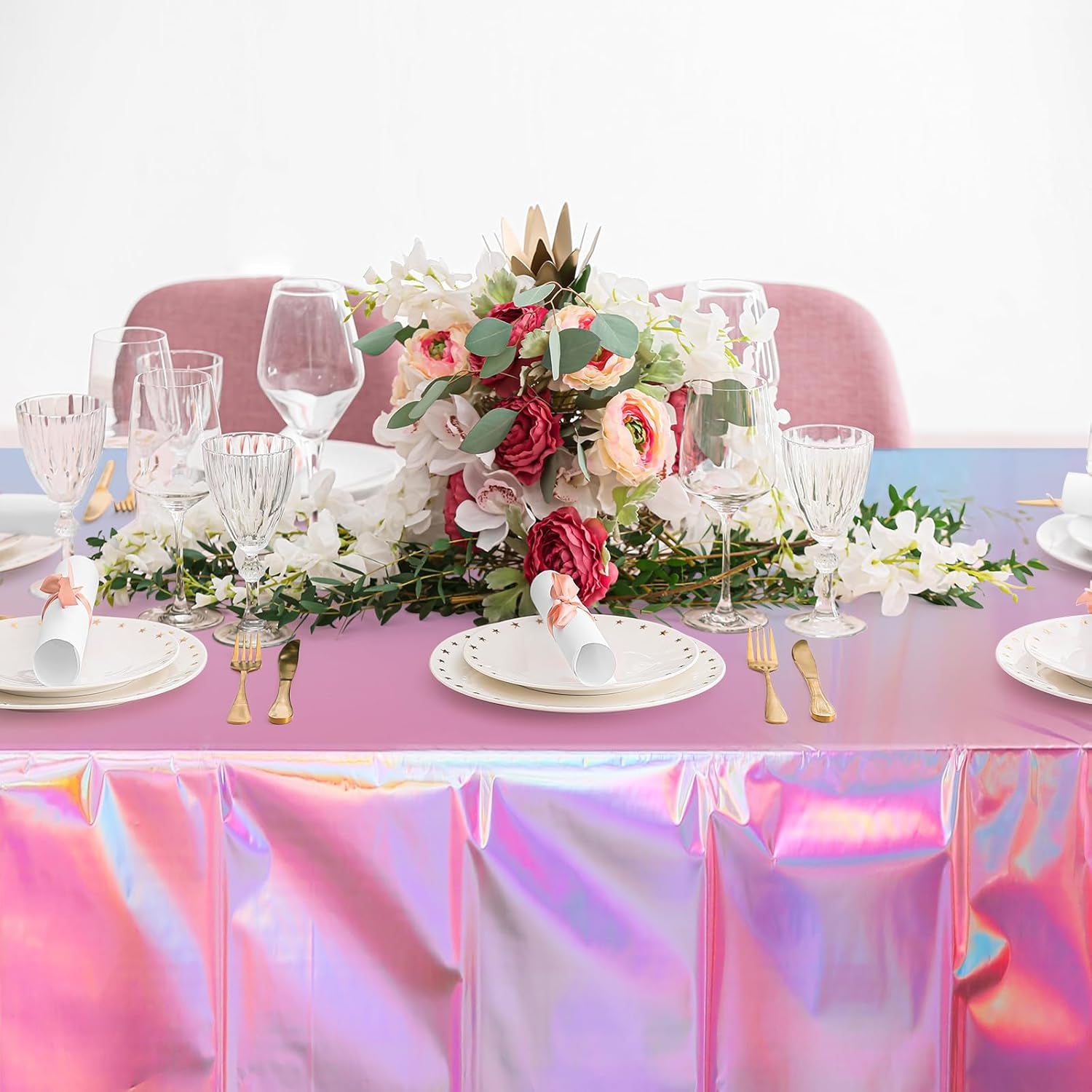 8 Pack Iridescent Pink Plastic Tablecloths,  Shiny Disposable Laser Rectangle Table Covers, Holographic Foil Tablecloth Iridescent Party Decorations for Birthday Wedding Christmas, 54X108Inch