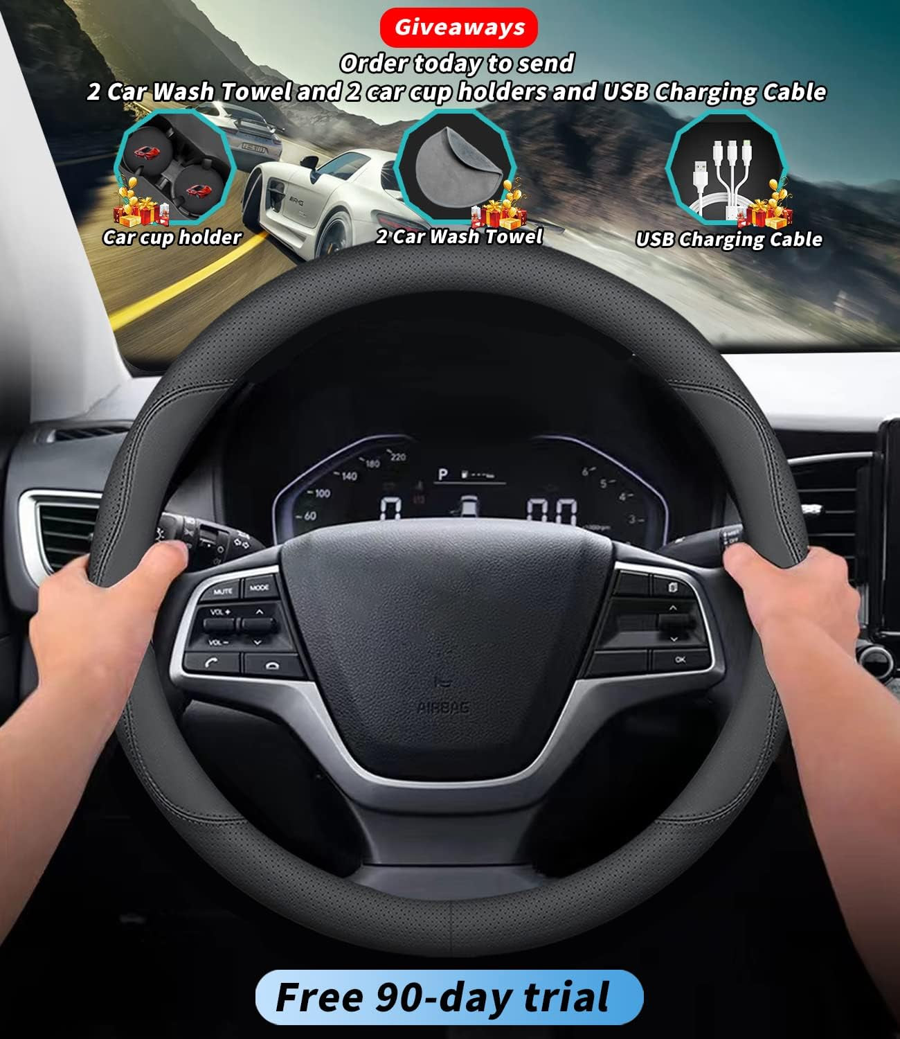 Custom-Fit for Tesla Steering Wheel Cover, Premium Leather Car Steering Wheel Cover with Logo, Non-Slip, Breathable, for Tesla Accessories (B-Style,For Tesla)