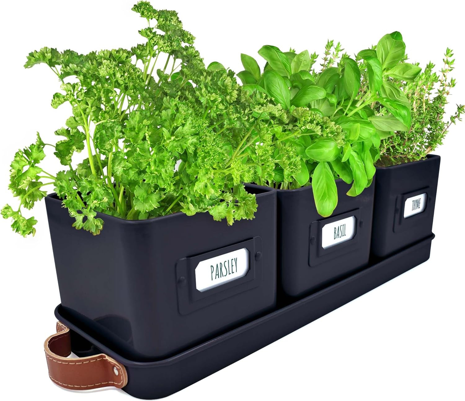 Herb Planter Indoor - Set of 3 Black Indoor Herb Garden Pots for Plants with Leather Handled Tray - Window Sill Plant Shelf - Herb Pots with Drainage Holes and Labels