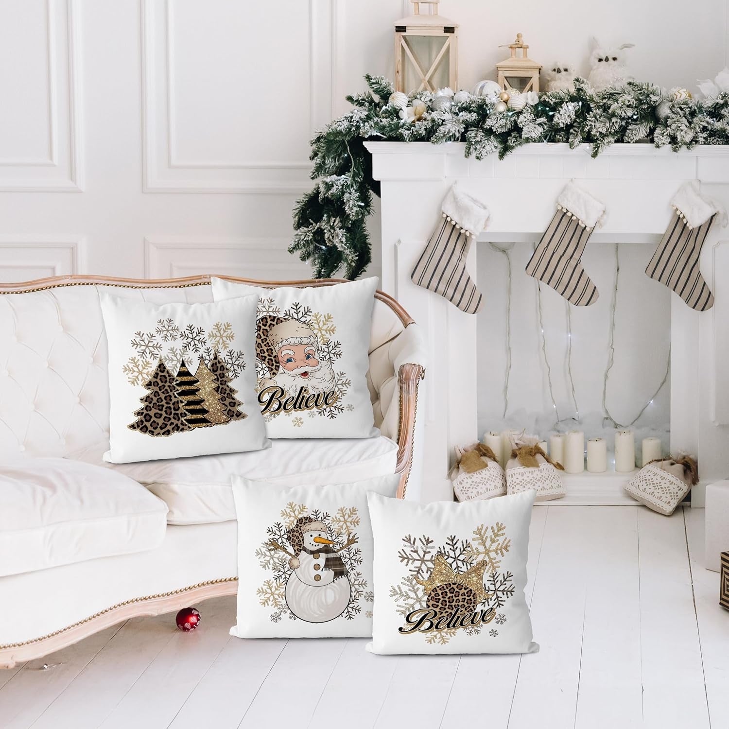 Christmas Pillow Covers Leopard Christmas Decorations Christmas Tree Santa Pillow Covers 18X18 Set of 4,Funny Santa Claus Decorative Pillow Cover,Leopard Print Pillow Covers