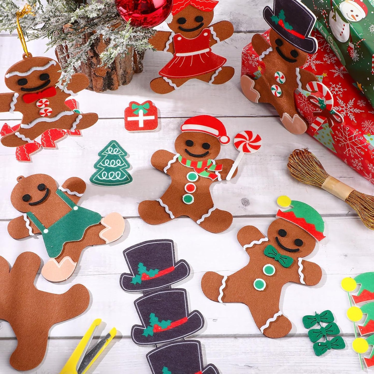 24 Pcs Christmas DIY Felt Gingerbread Man Craft for Kids Gingerbread Man Ornament Ginger Bread Men Hanging with Self-Adhesive Sticker Sheets for Christmas Party Favor Xmas Tree Decor Decoration